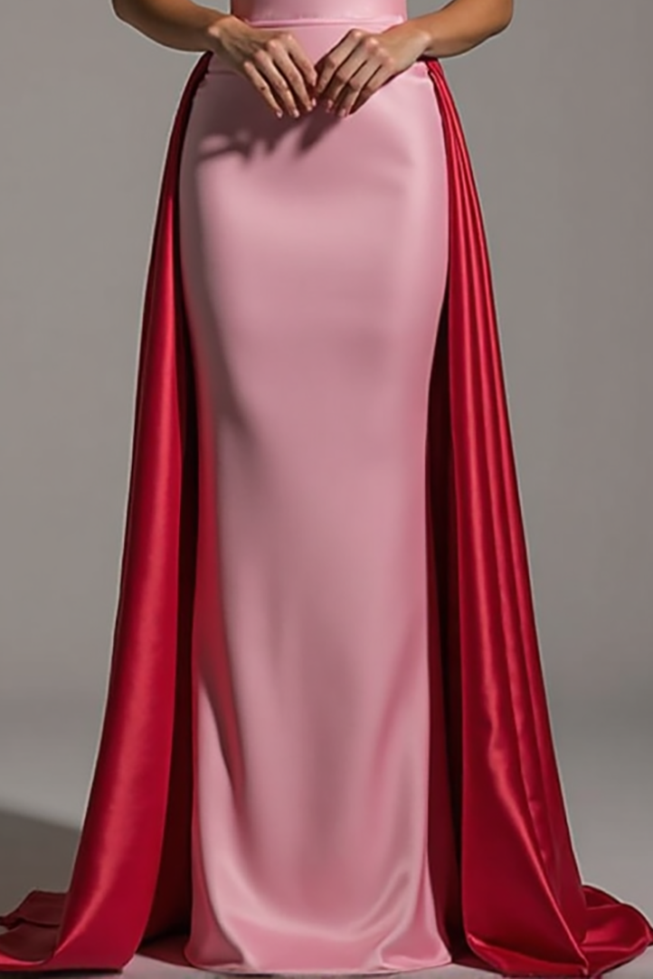 Formal Evening Strapless Dress Red Pink Satin Bodycon Train Gown