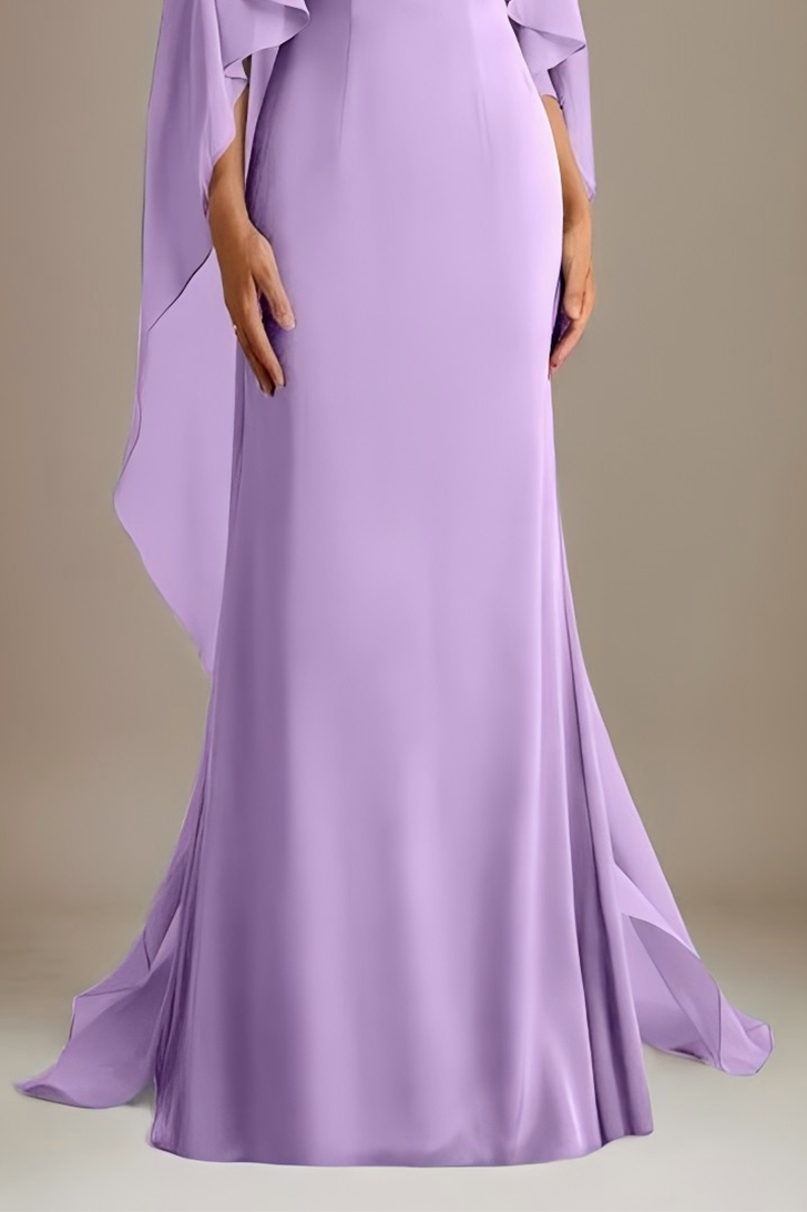 Formal Evening Dress Purple Round Neck Cape Chiffon Floor-Length Gown