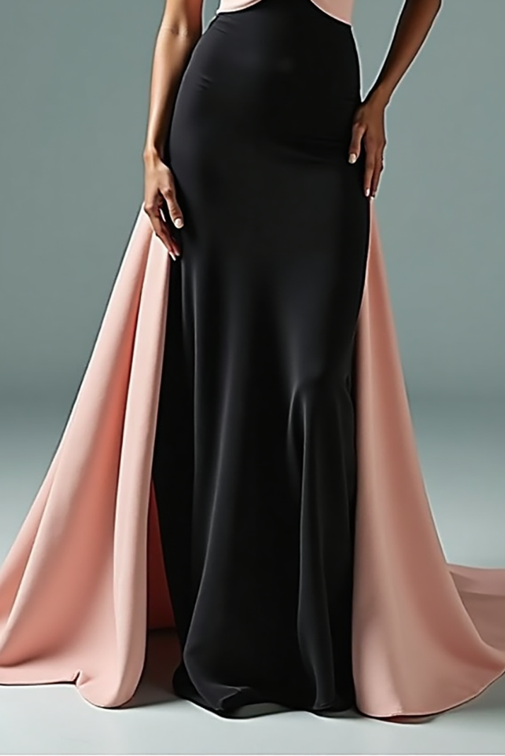 Formal Evening Strapless Dress Black Pink Twist Train Gown