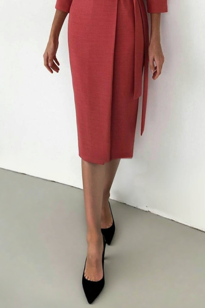 Work Blazer Dress Red Tie Waist Lapel Knee-Length Dress
