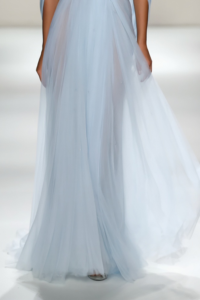 Evening Formal Dress Light Blue Mesh Sequin Floor-Length Gown