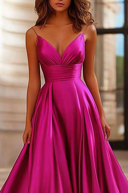 Formal Evening Dress Fuchsia Satin Spaghetti Strap V Neck Maxi Gown