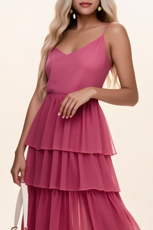 Vacation Party Tiered Dress Rose Red V Neck Chiffon Maxi Dress