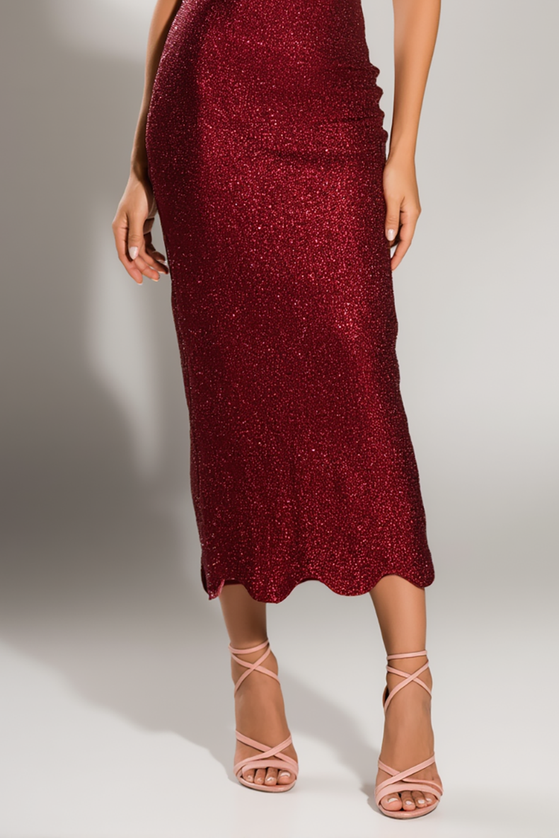 Cocktail Party Dress Red Spaghetti Strap Cowl Neck Stretchy Midi Dress