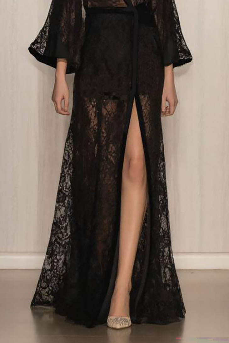 Semi-Formal Party Dress Black Lace Cover-Up Cross Neck Floor-Length Dress