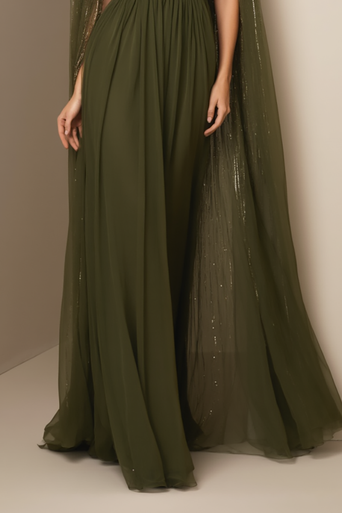 Evening Formal Gown Green Cape Chiffon Floor-Length Dress