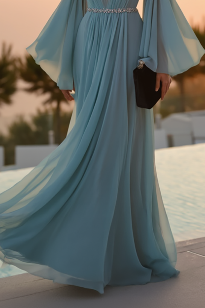 Evening Formal Dress Light Blue Bell Sleeve Chiffon Floor-Length Gown