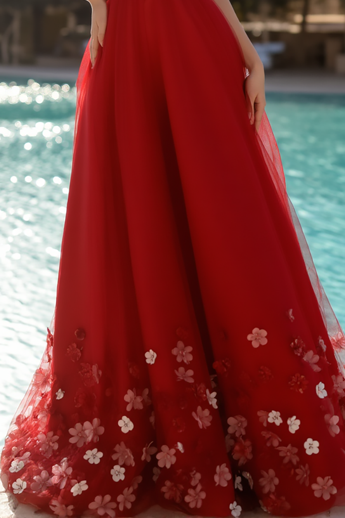 Evening Formal Halter Dress Red Tulle Floral Floor-Length Gown