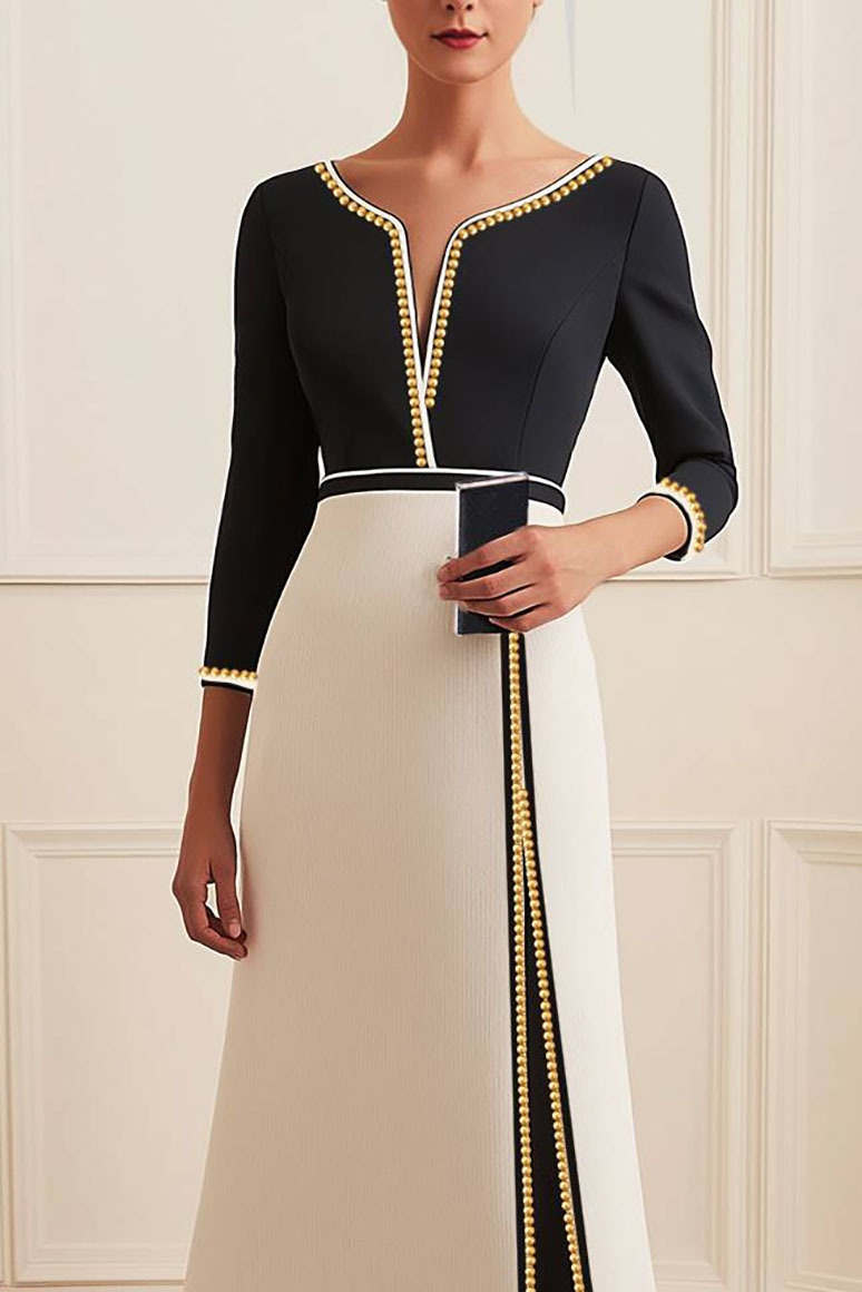 Elegant black and white work dress with pearl details