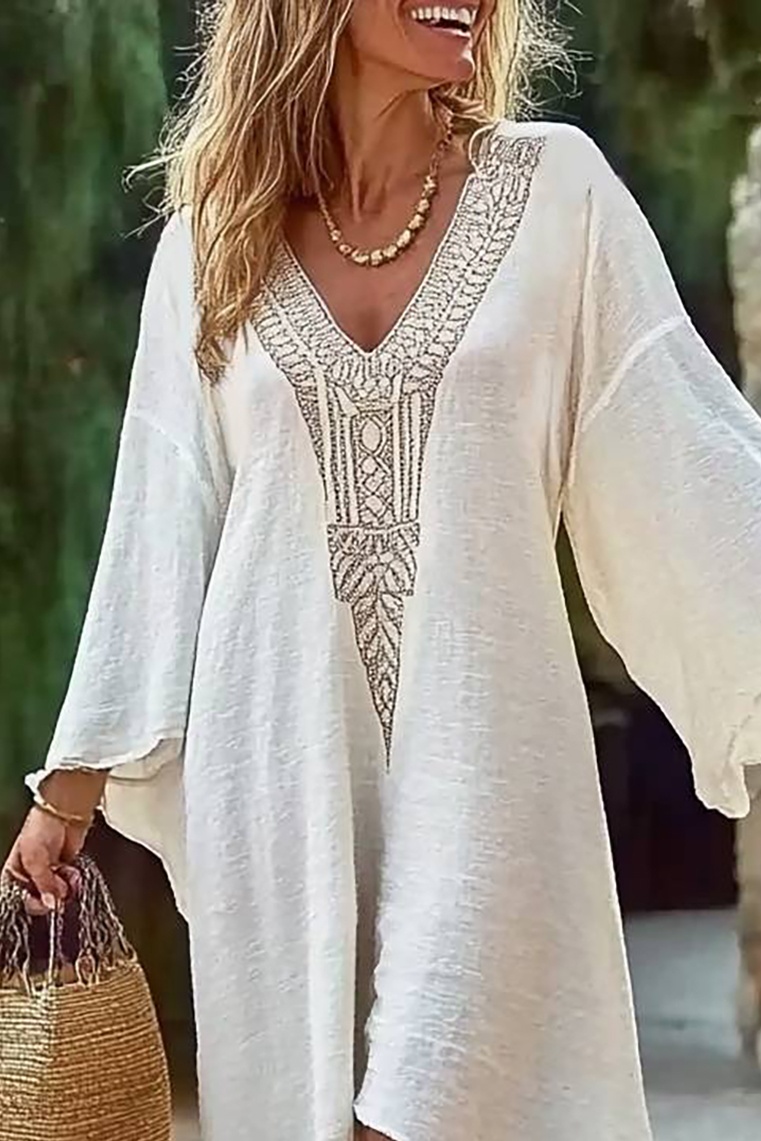 Bohemian Loose Dress Ivory V-Neck Linen Midi Dress