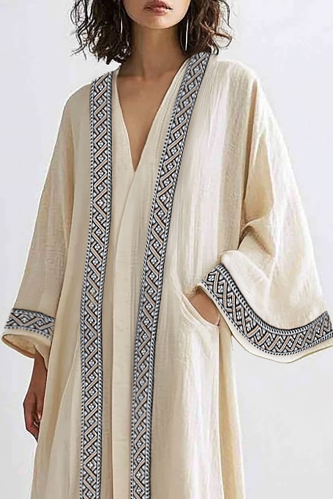 Bohemian Vacation Dress Linen Beige Loose Ethnic Style Maxi Dress