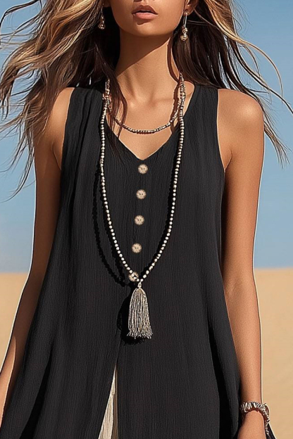 Casual Vacation Dress Sleeveless V-Neck Black Beige Slit Midi Dress