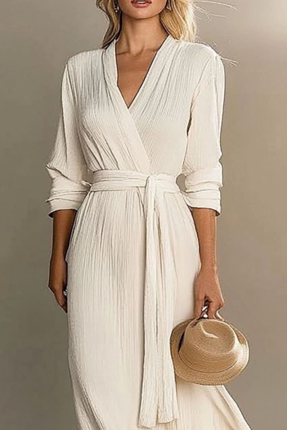 Casual Vacation Linen Dress White Long Sleeve Tie Waist Maxi Dress