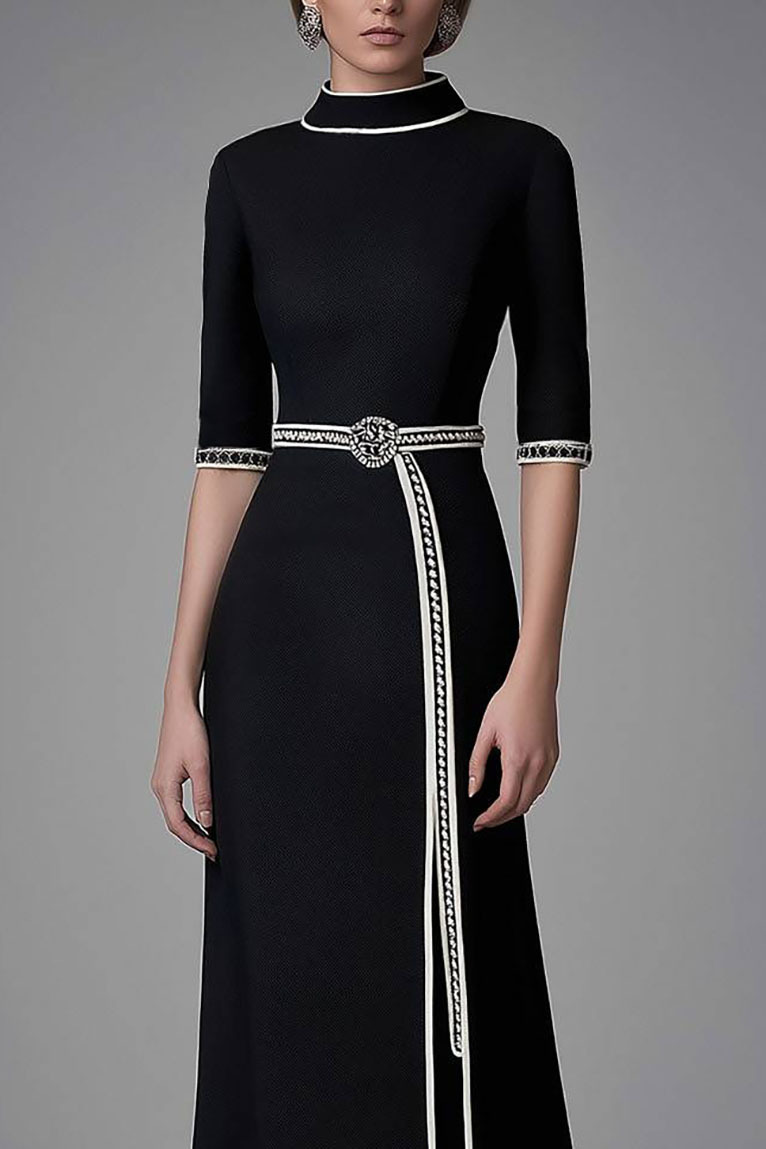 Elegant Black Slit Dress Funnel Neck Half-Sleeve Maxi Dress