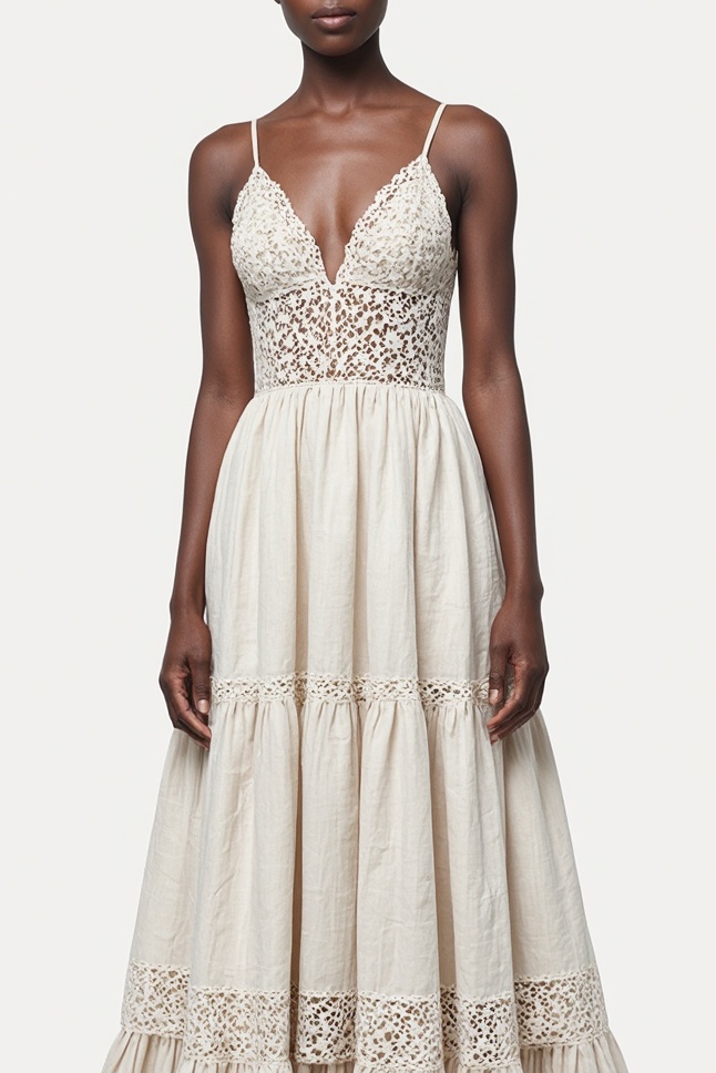 Bohemian Strap Dress Beige Lace V-Neck Linen Maxi Dress