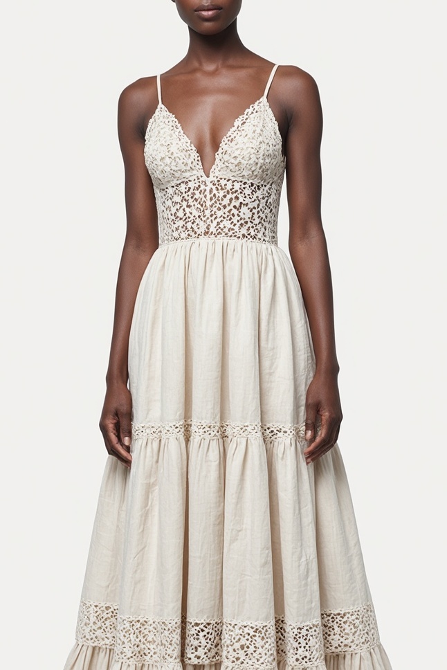 Bohemian Strap Dress Beige Lace V-Neck Linen Maxi Dress