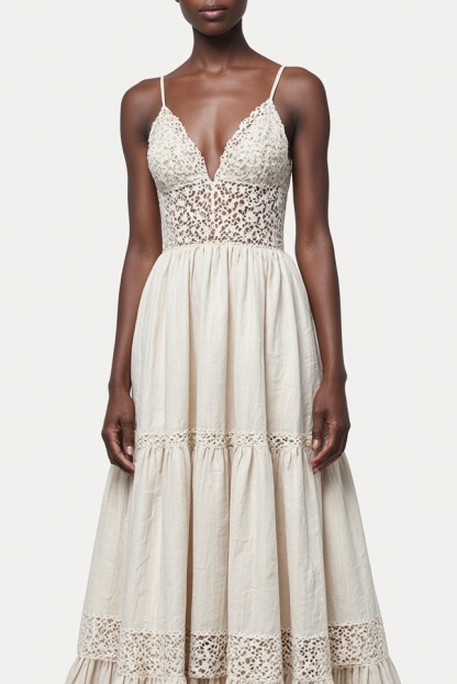 Bohemian Strap Dress Beige Lace V-Neck Linen Maxi Dress