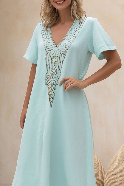 Bohemian Vacation Dress Light Green V-Neck Loose Maxi Dress