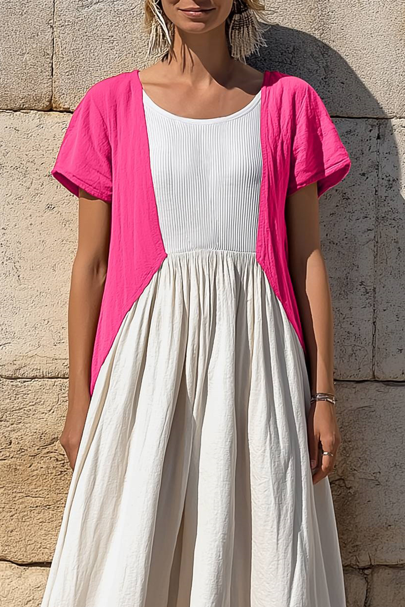 Vacation Casual Dress Linen Pink White Colorblock Crew Neck Midi Dress