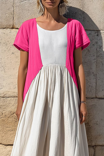 Vacation Casual Dress Linen Pink White Colorblock Crew Neck Midi Dress
