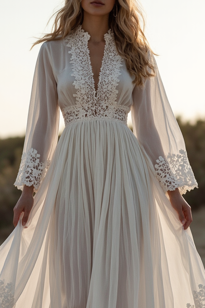 Vacation Lace Dress White Deep V Floor-Length Dress