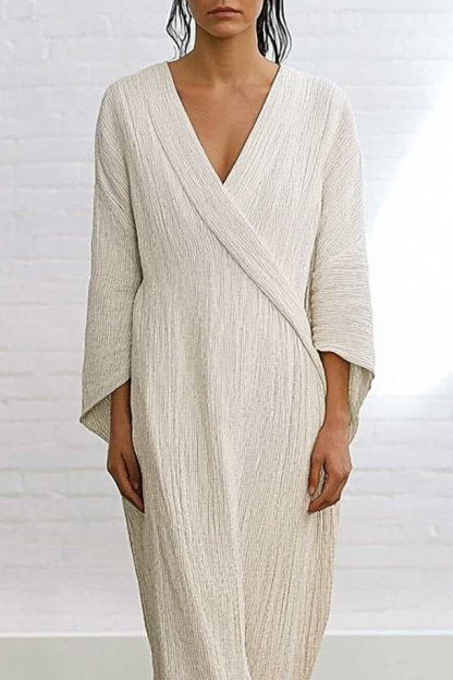 Casual Linen Dress Ivory White Cross-Neck Loose Maxi Dresss