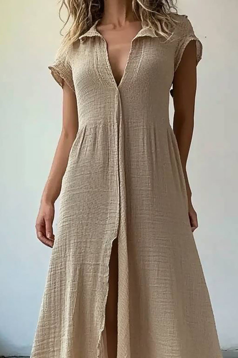 Vacation Linen Dress Light Brown Lapel Split Maxi Dress