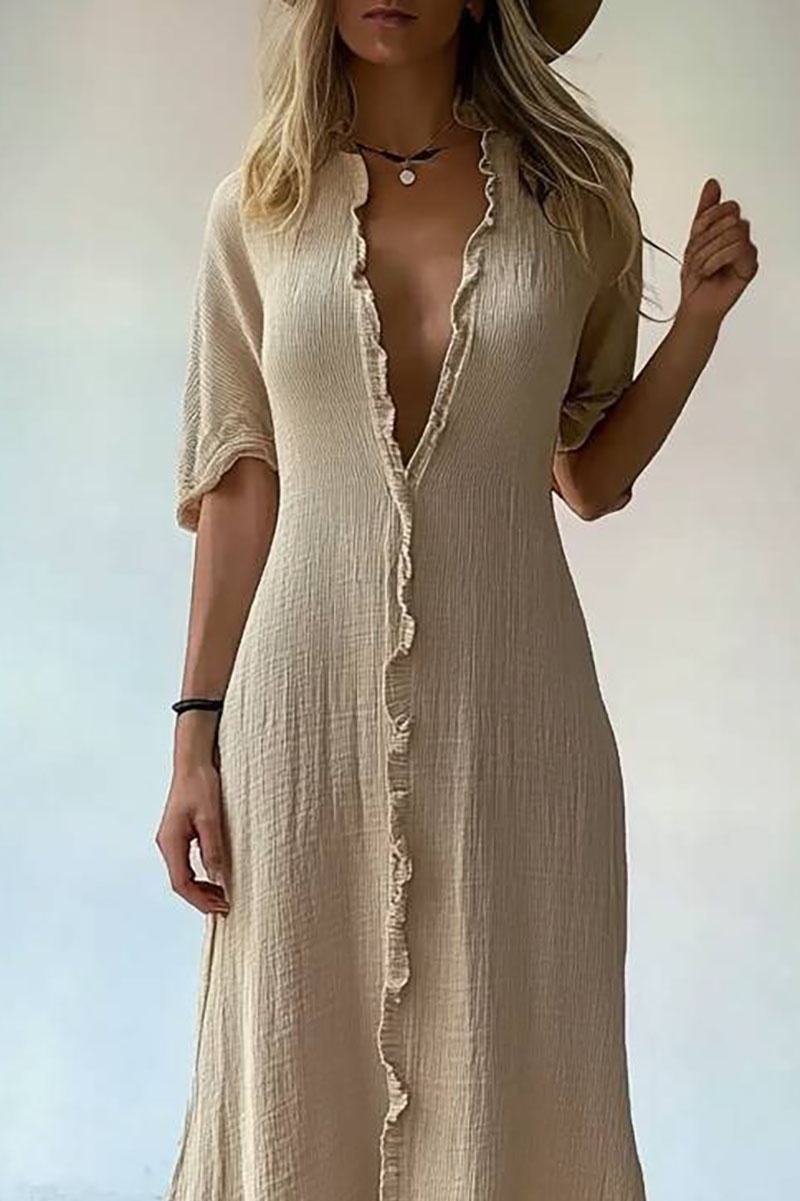 Casual Vacation Linen Dress Light Brown Deep V Ruffle Edge Maxi Dress