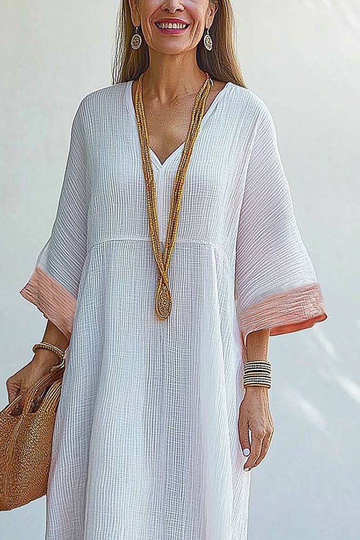 Bohemian Casual Dress Linen Colorblock V-Neck Maxi Dress
