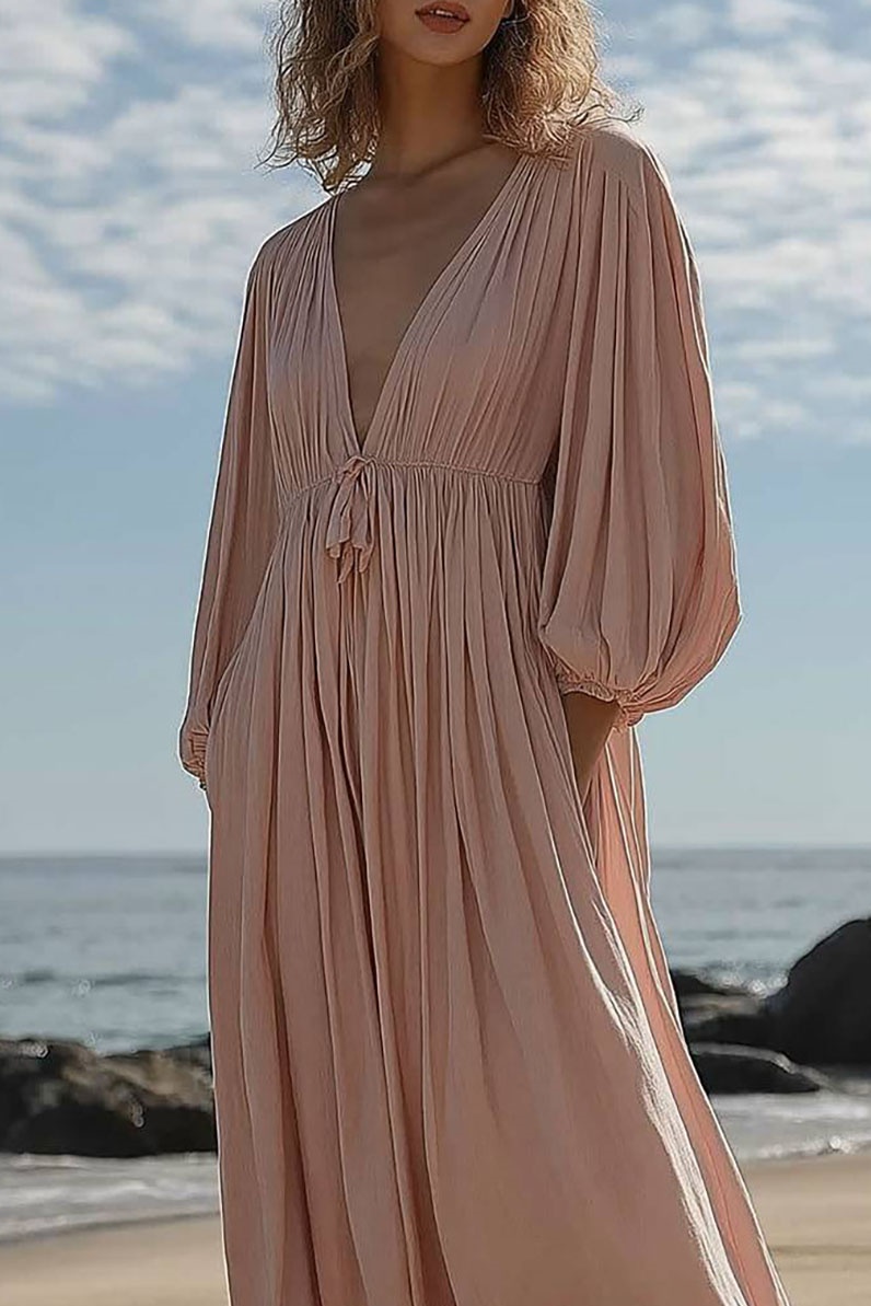 Vacation Dress Light Pink Deep V Bubble Sleeve Pocketed Maxi Dress