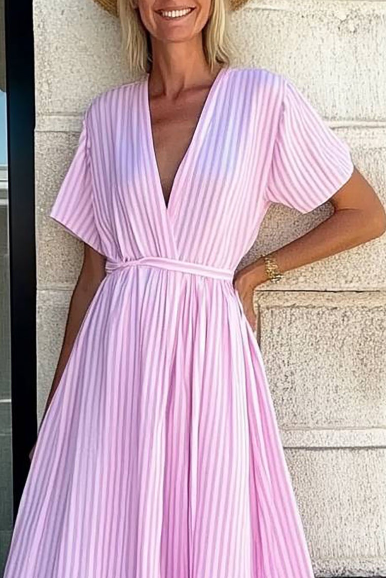 Casual Daily Dress Pink Striped Deep V Loose Midi Dress
