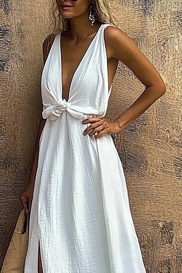 Beach Vacation Dress White Linen Deep V Sleeveless Side Slit Train Dress