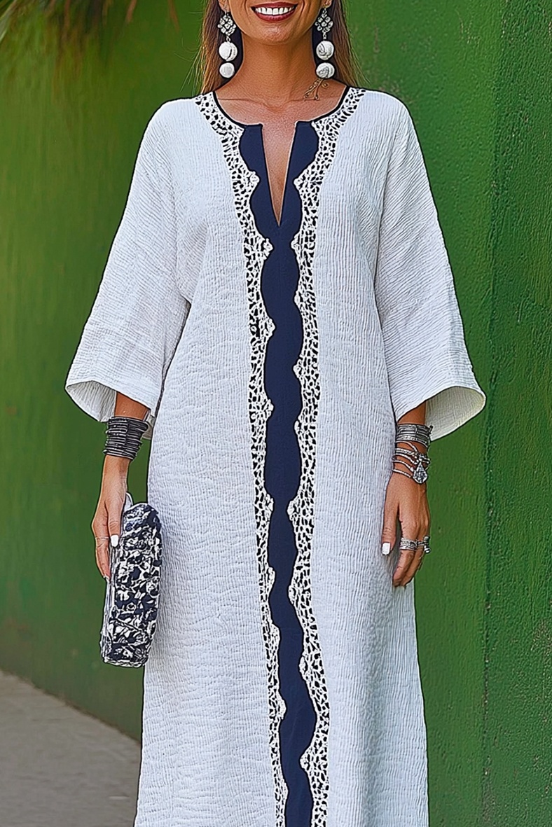 Casual Linen Dress White Blue Color-Block V-neck Loose Maxi Dress 