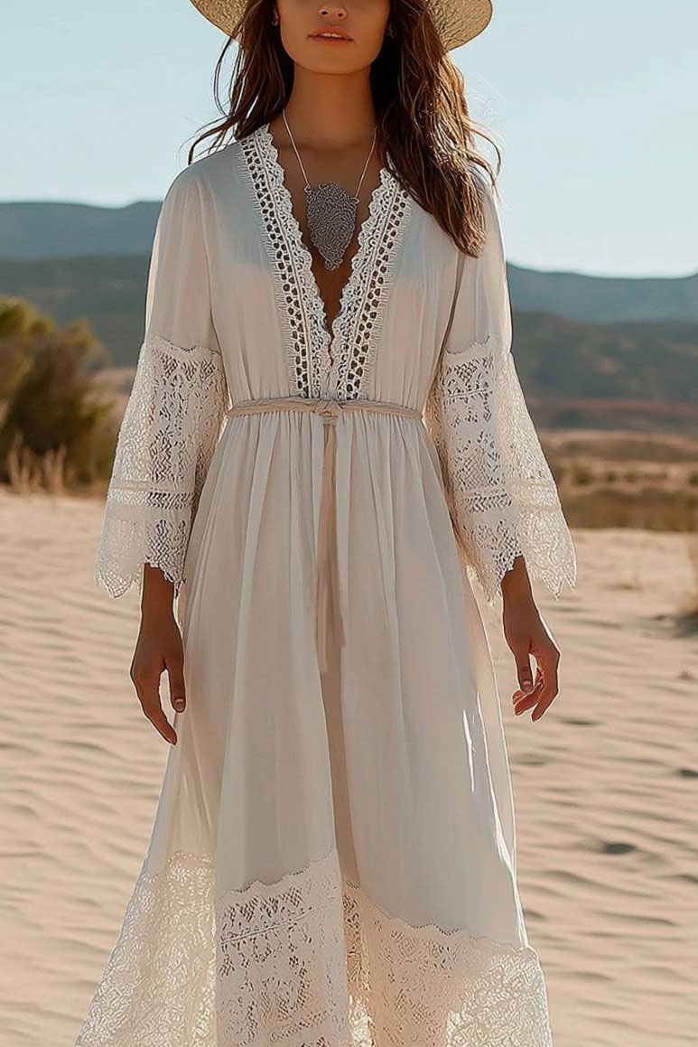 Casual Vacation Dress White Lace Deep V Tie Midi Dress