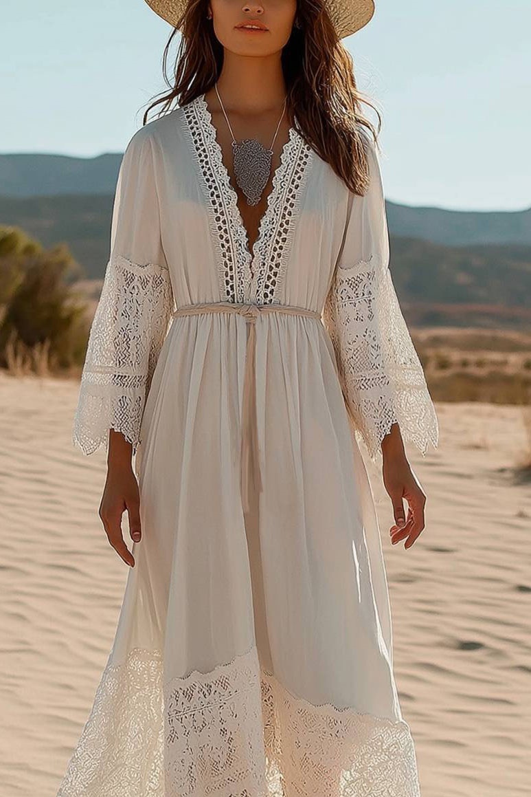 Casual Vacation Dress White Lace Deep V Tie Midi Dress