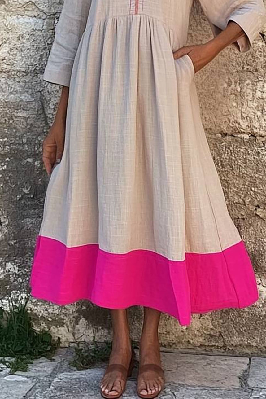 Bohemian Linen Dress Colorblock V-Neck Pocketed Midi Dress