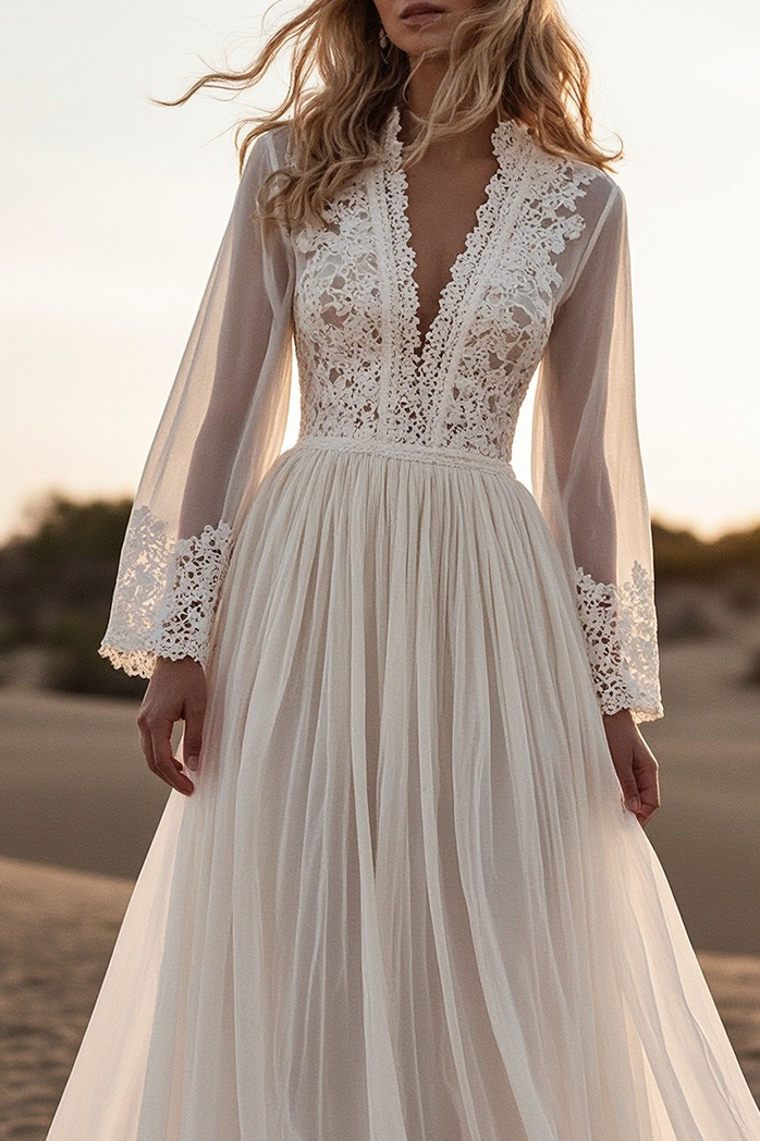 Bohemian Lace Dress White Deep V Floor-Length Dress