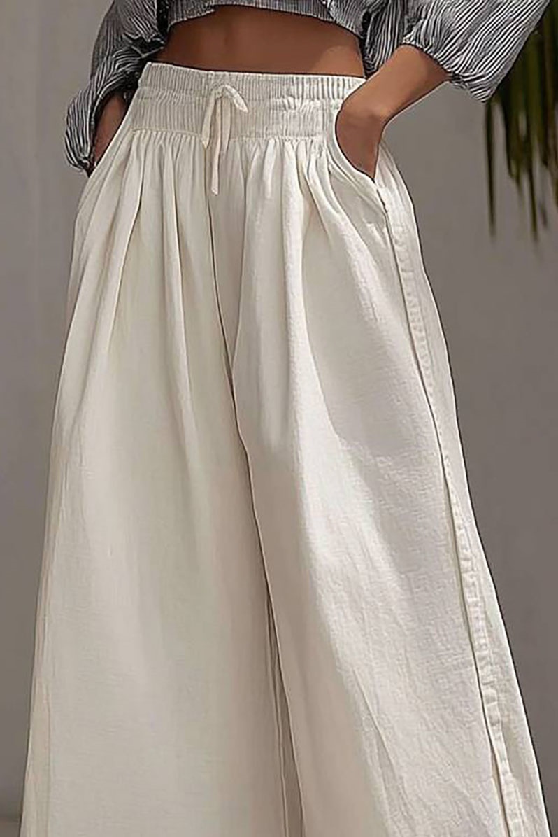 Casual Daily Pants White Elastic Waist Pockets Wide-Legged Long Pants