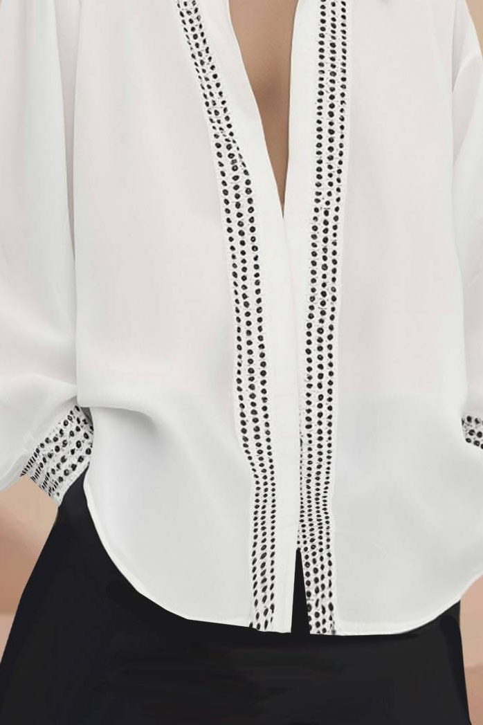 Casual Vacation Top White Deep V Lapel Long Sleeve Loose Shirt