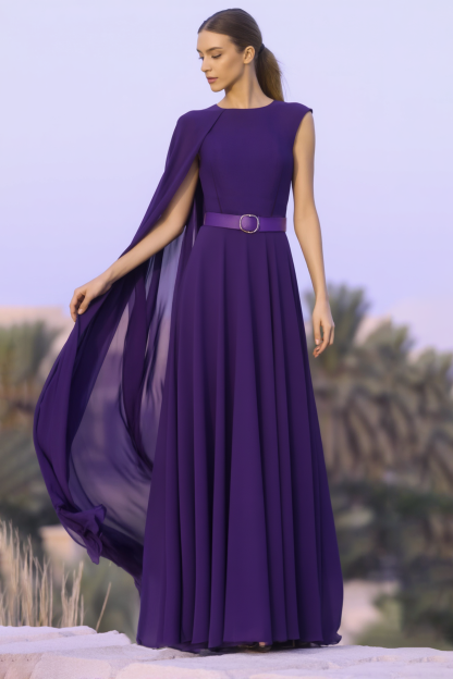 ​Evening Formal​ ​​Cape Dress Purple Crew Neck Belted Floor-Length Dress