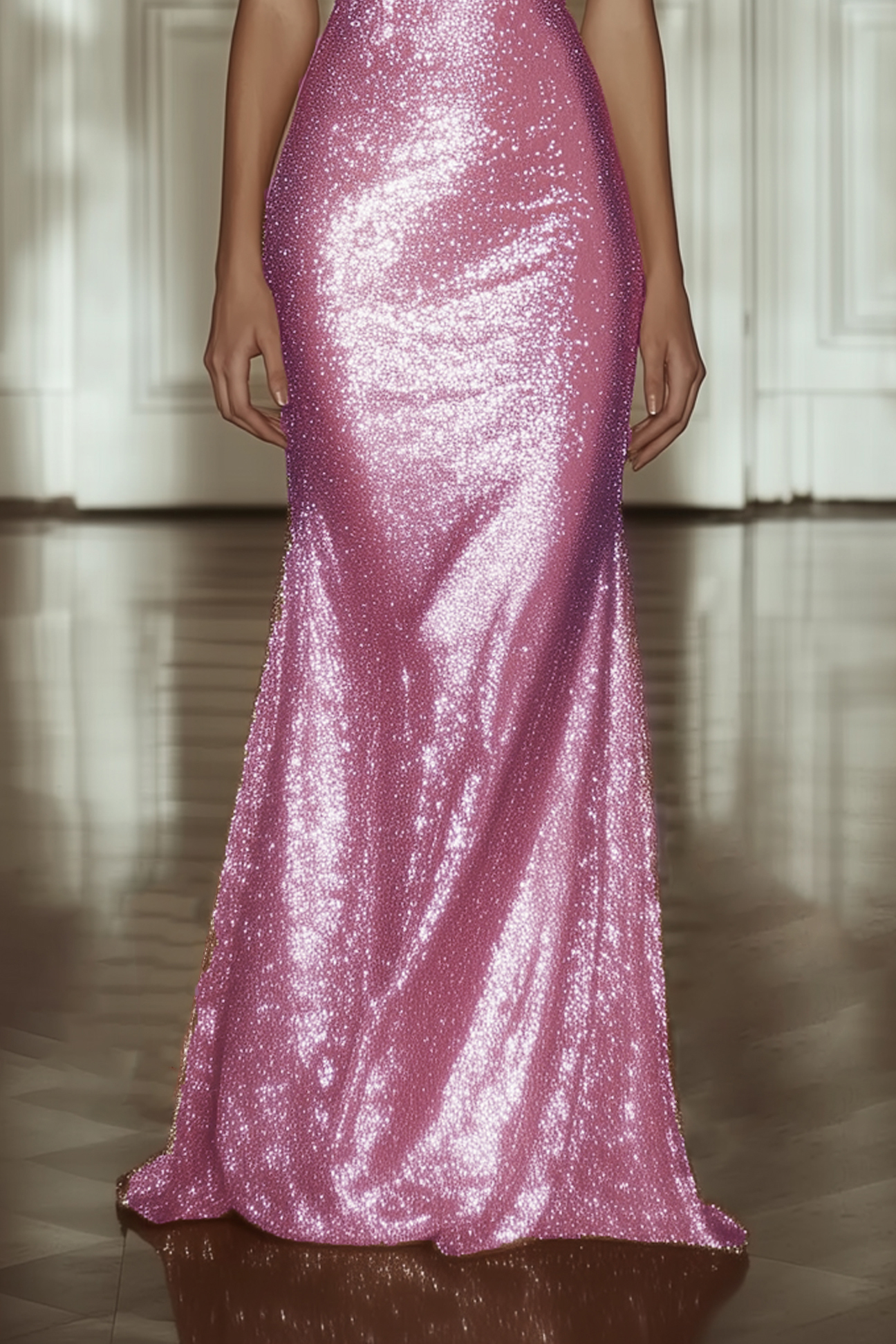 Evening Formal Sequin Dress Pink Deep V Sleeveless Floor-Length Gown