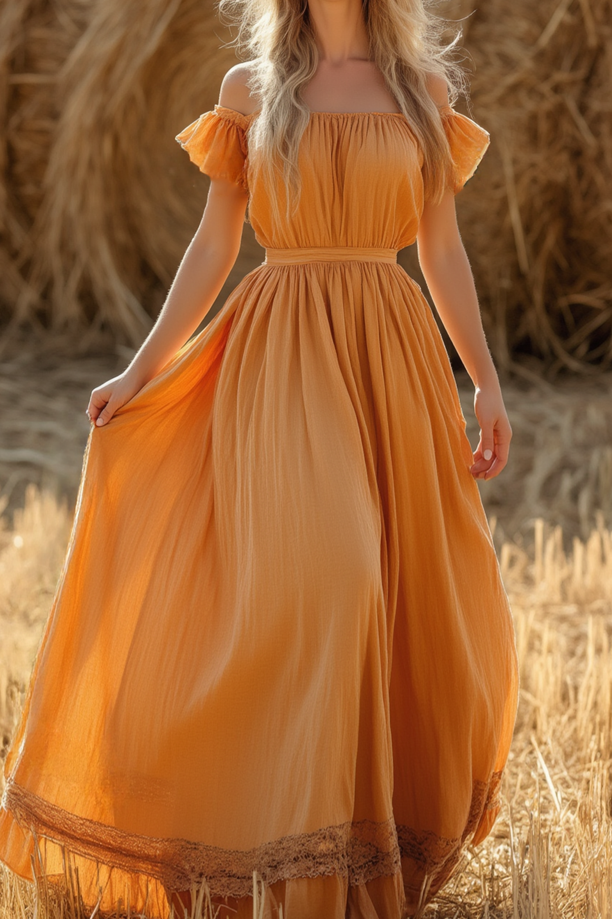 Bohemian Swing Dress Orange Off Shoulder Short Sleeve Maxi Dress