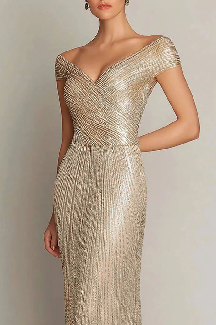 Prom Party Gold Gown V-Neck Off-Shoulder Maxi Dress