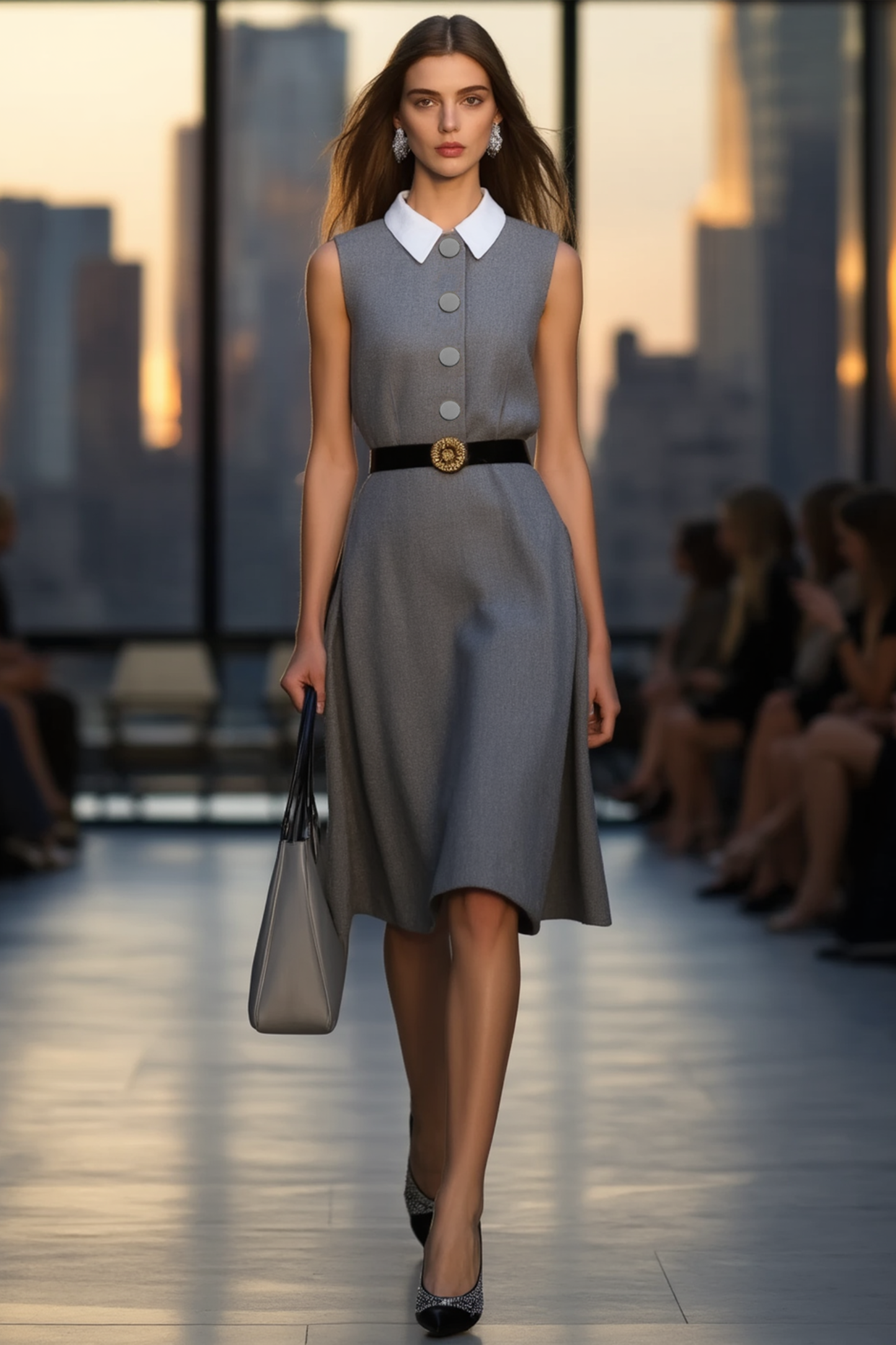 Work Dress Gray Shirt Collar Belted Sleeveless Knee Dress