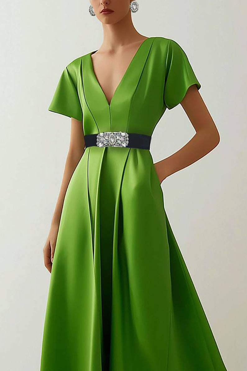 Evening Green Loose Dress Deep V Belt Elegant Maxi Dress