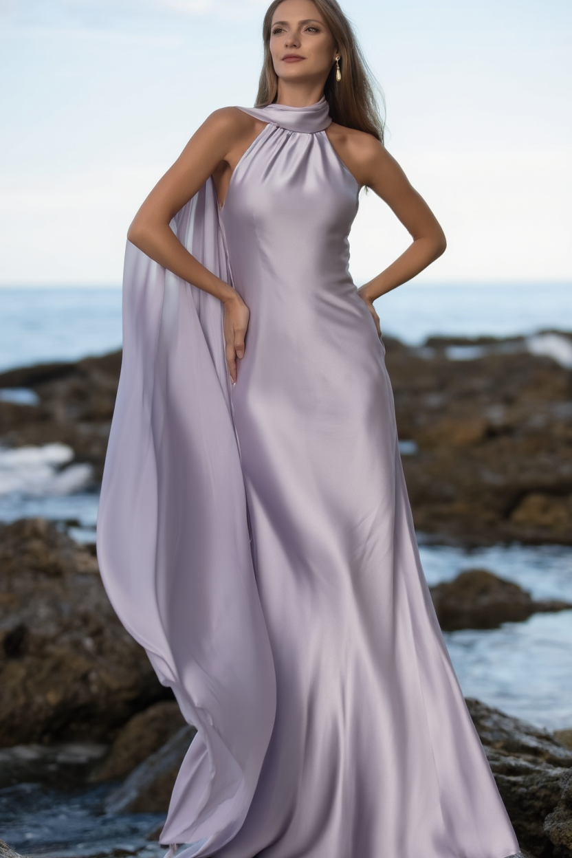 Formal Satin Dress​​ Purple Cape Halter Neck Floor-Length Dress