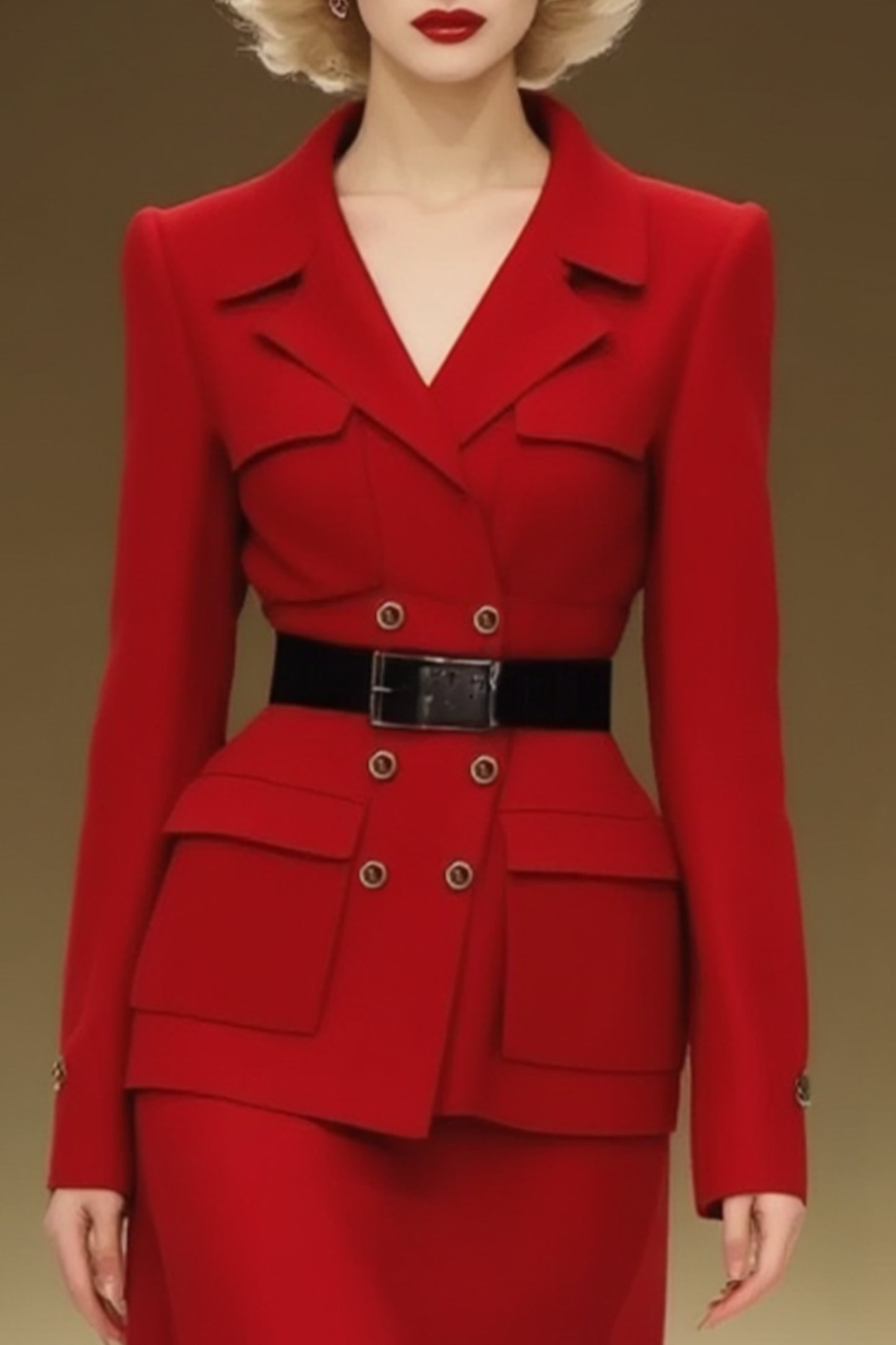 Business Blazer Suit Red Lapel Sleeveless Skirt Set
