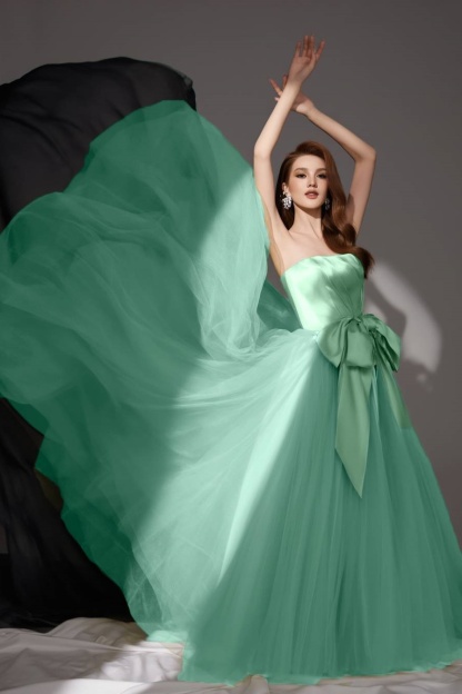 Evening ​Swing Satin Dress​​ Green Strapless Mesh Floor-Length Dress