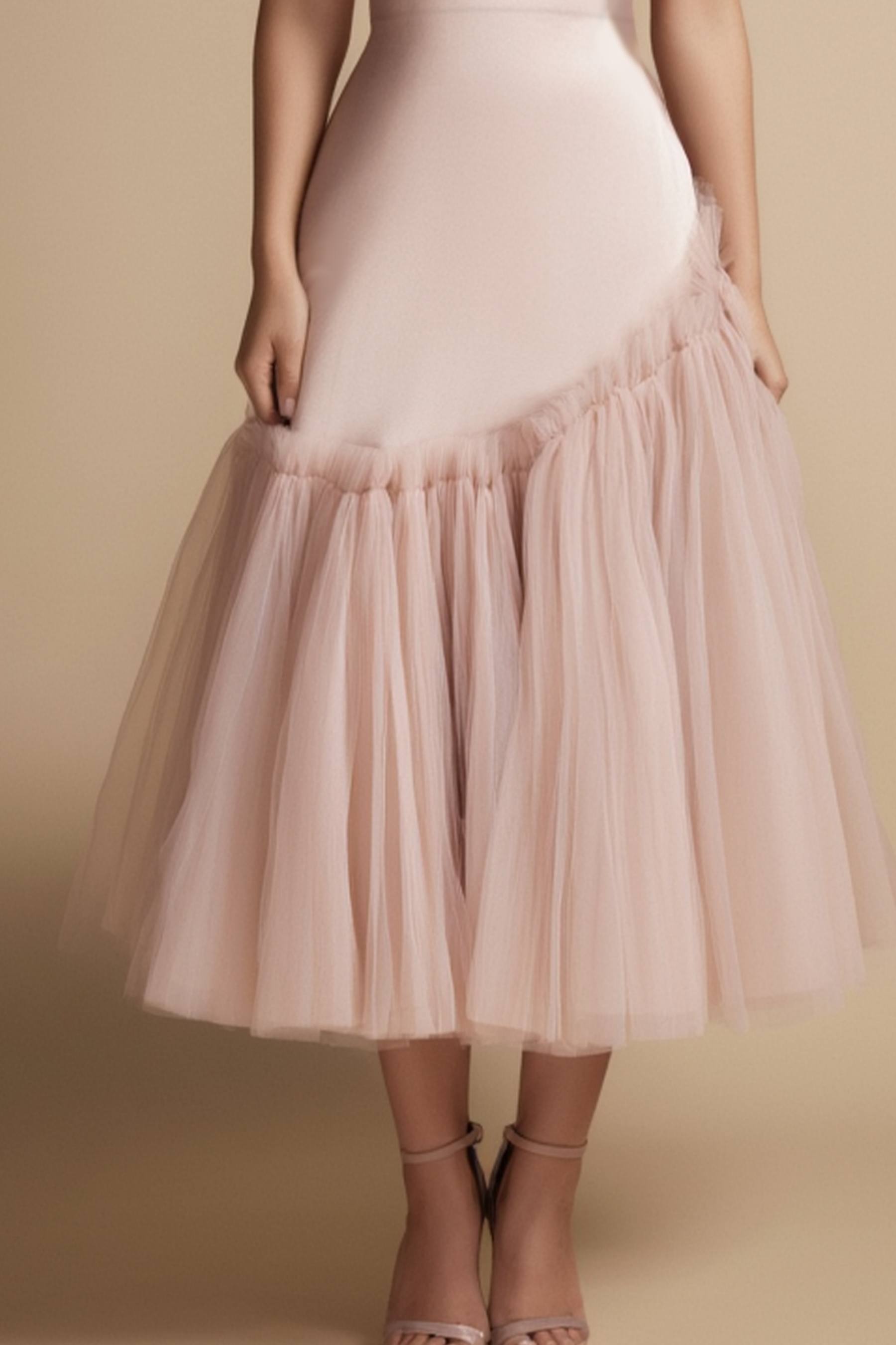 Cocktail Dress Pink Strapless Mesh Midi Dress