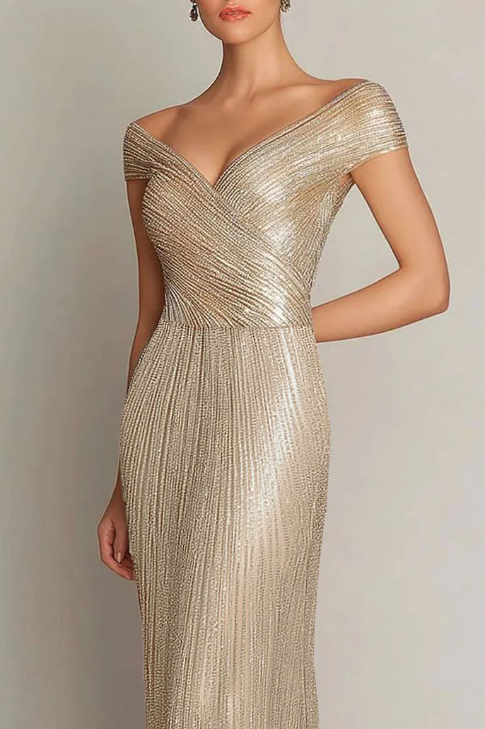 Evening Formal Dress Gold Sequin Off-Shoulder Floor-Length Gown